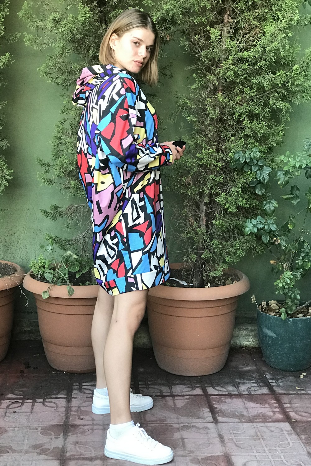 Baski Detayli Kapusonlu Elbise/Mor
